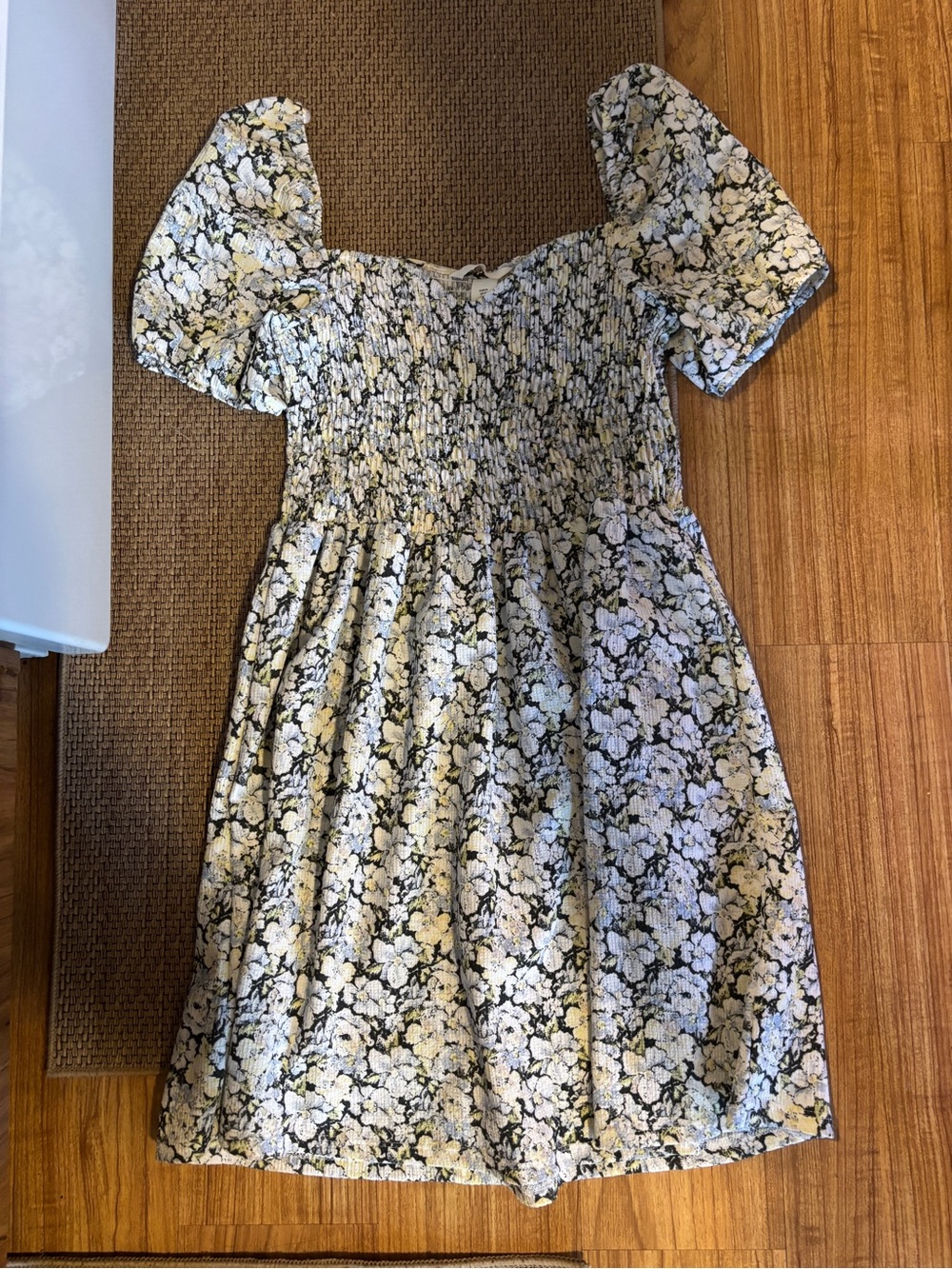 H&M White and Yellow Floral Smocked Puff Sleeve Dress